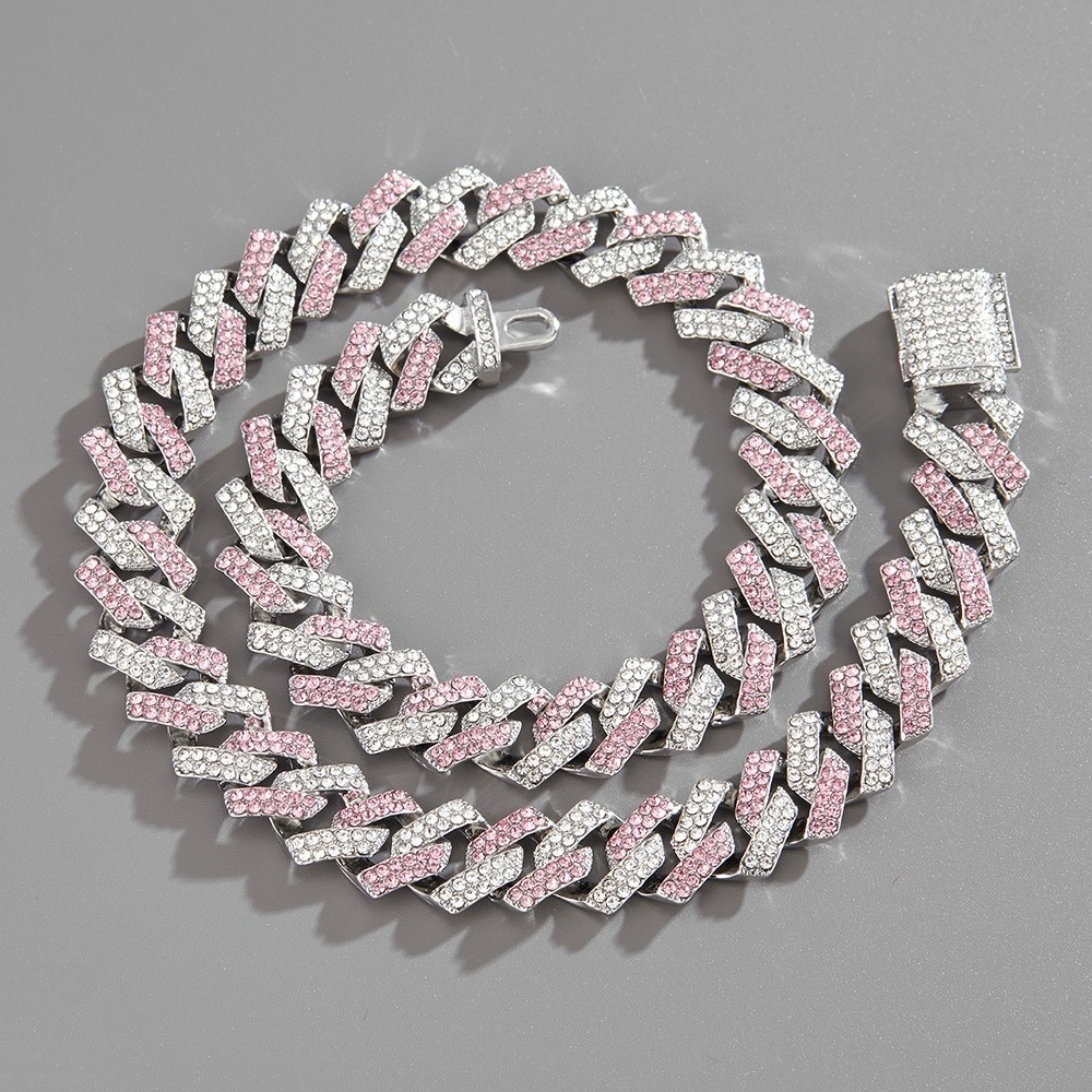 New Pink and White Rhinestone Cuban Link Necklace 18-inch
